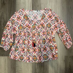 Crown & Ivy Colorful Floral Blouse with Tassel